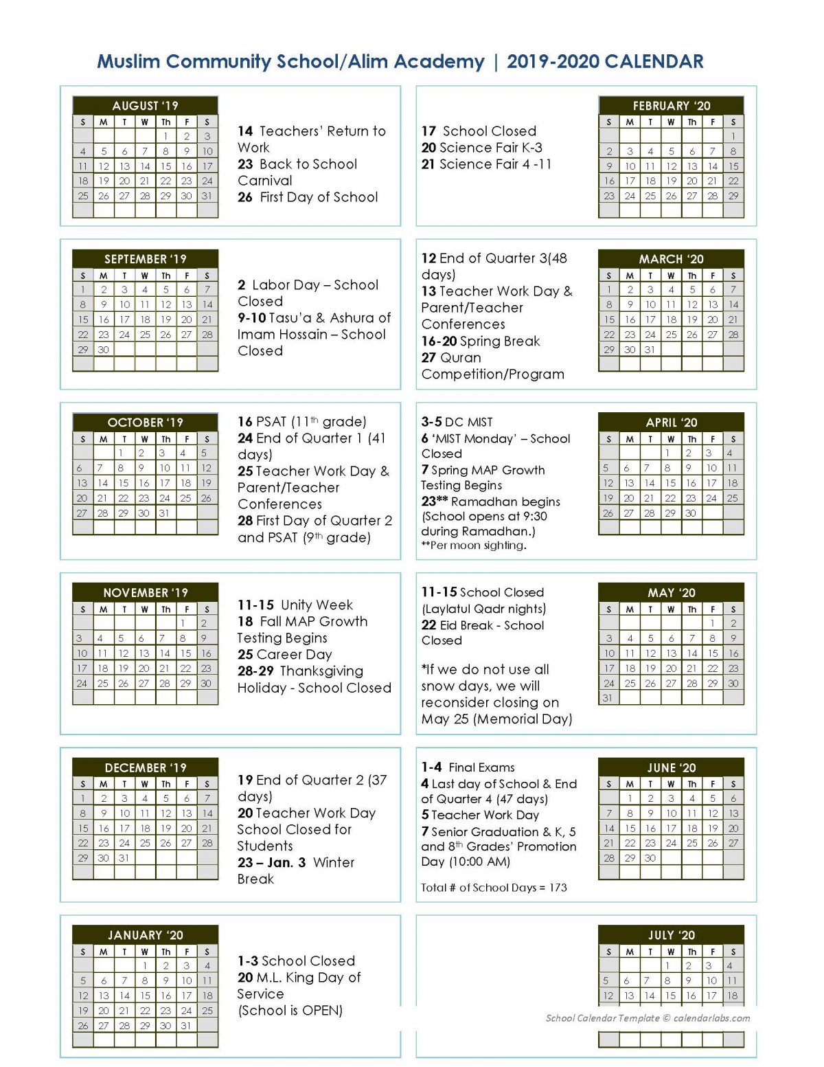 Revised School Calendar - MCS/AA : Islamic School & College Preparatory